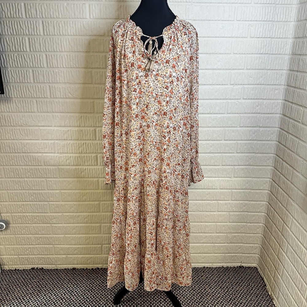 Three Bird Nest Wild Rose Tassel Maxi Dress Boho Sz S Floral Ruffle Fall Prairi